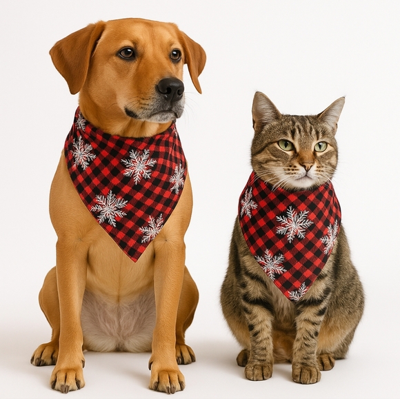 Upcycled Christmas Dog Bandana Red  Black Plaid Snowflakes Handmade  Reversible - Picture 1 of 15
